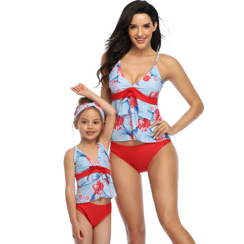 

Family Look Beachwear 2021 Split Print Parent-Child Swimsuit Ruffled Bikinis Set Mother And Daughter Swimwear Sexy Bathing Suit