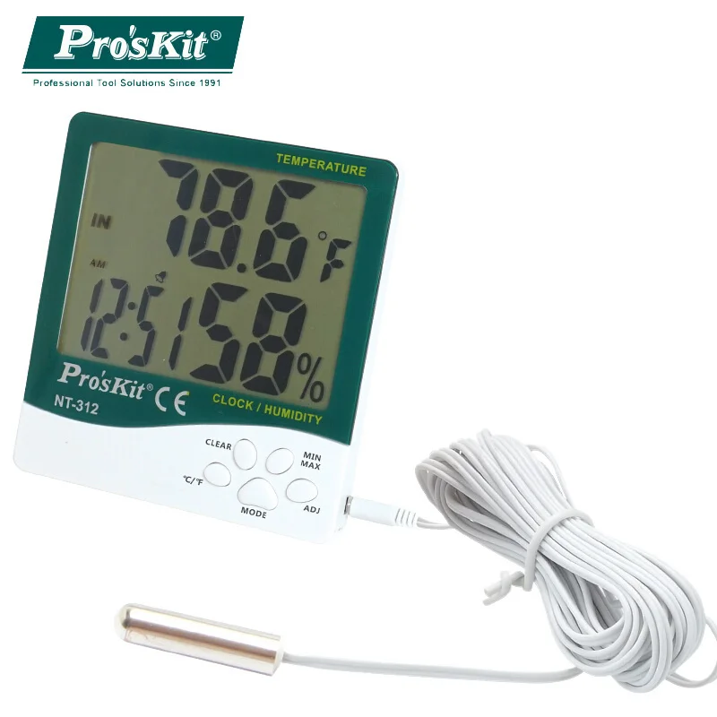 

Pro'skit NT-312 Digital Temperature Humidity Meter With Probe Indoor Humidity Hygrometer thermometer with Alarm clock & calendar