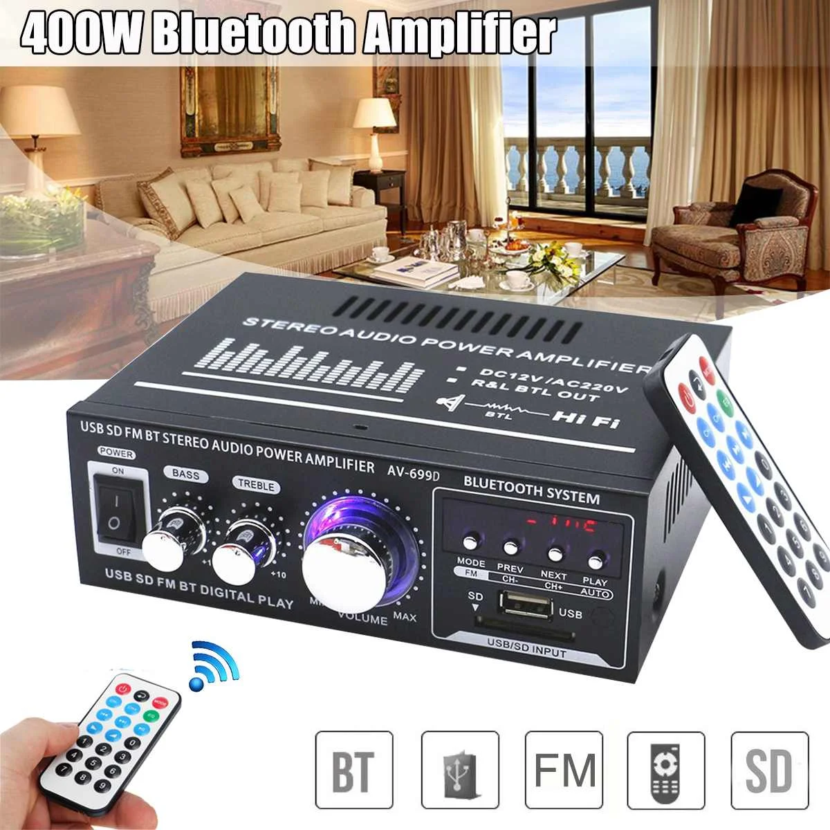 

Bluetooth HiFi Amplifier LED Display Stereo Surround Karaoke Digital Amp Cinema Lossless Audio Processor Subwoofers Speakers