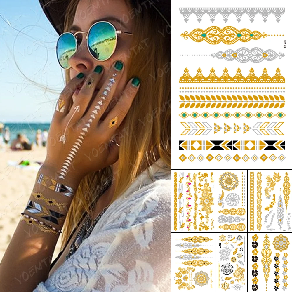 Waterproof Temporary Tattoo Sticker Metallic Gold Silver Henna Bracelet Jewelry Flash Tatoo Tattoo Indian Body Art Fake Tatto
Waterproof Temporary Tattoo Sticker Metallic Gold Silver Henna Bracelet Jewelry Flash Tatoo Tattoo Indian Body Art Fake Tatto
