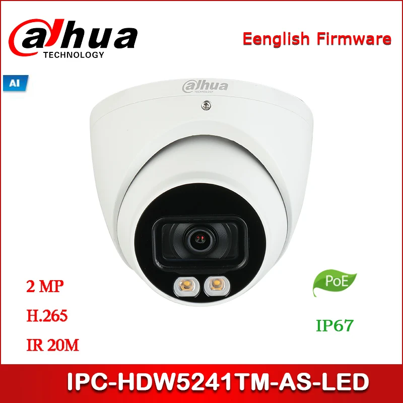 IP-камера Dahua IPC-HDW5241TM-AS-LED 2 МП полноцветная WDR Eyeball AI сетевая камера starlight поддержка