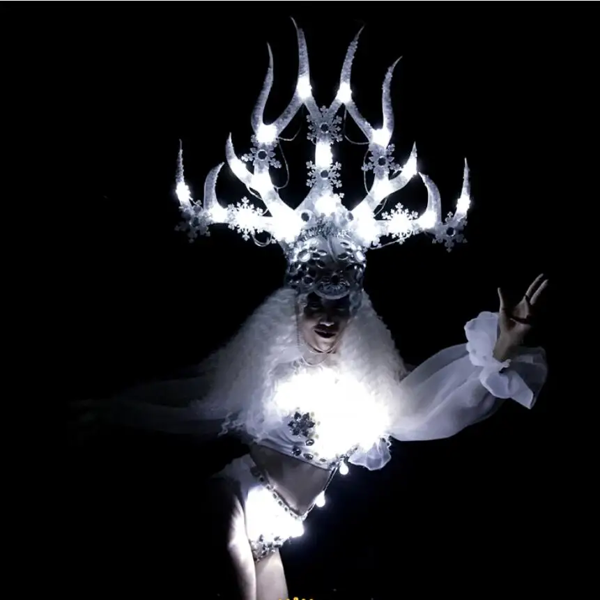 

Белый Рождественский танец цветы шляпа Светодиодный светильник костюмы женские светодиодные рога костюм для выступлений