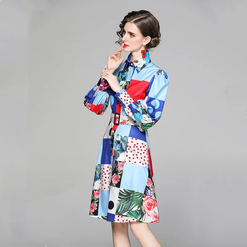 2021 new retro fashion printed puff sleeve lapel waist tie single breasted catwalk dress short skirt women
2021 new retro fashion printed puff sleeve lapel waist tie single breasted catwalk dress short skirt women