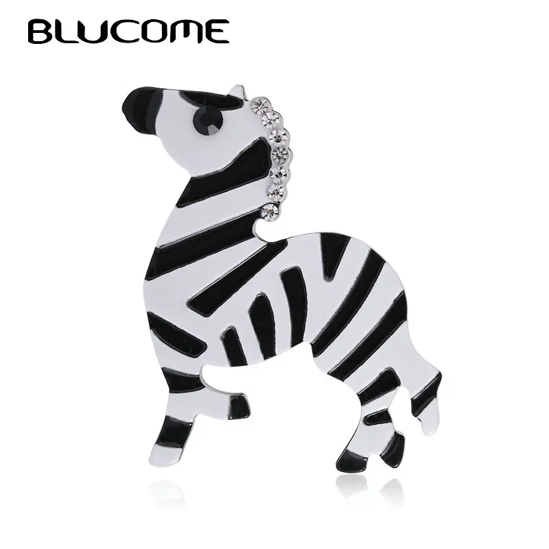 

Blucome Lovely Acrylic Zebra Shape Brooches Women Crystal Acetate Fiber Vivid Horse Coat Sweater Animal Jewelry lapel Pin