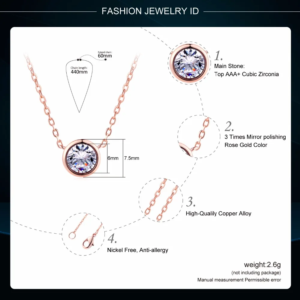 Simply Small Round 1 carat Cubic Zirconia Rose Gold Color Pendant Necklace Hot Jewelery for Women and Girls N388 N453 N454
Simply Small Round 1 carat Cubic Zirconia Rose Gold Color Pendant Necklace Hot Jewelery for Women and Girls N388 N453 N454
