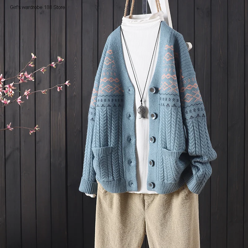 Catkins autumn and winter new loose national style jacquard long sleeve button knitted cardigan women's core spun yarn sweater
Catkins autumn and winter new loose national style jacquard long sleeve button knitted cardigan women's core spun yarn sweater