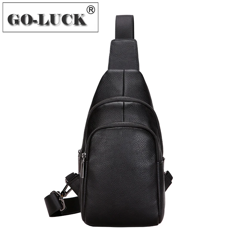 

GO-LUCK Brand Genuine Leather Cowhide Men Chest Pack Male Crossbody Shoulder Bag Casual Travel Sport Sling Bags