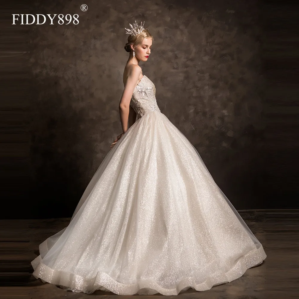 

Свадебное платье принцессы, 2020, без бретелек, с блестками, украшенное кристаллами, фатиновое платье для свадьбы, 2020