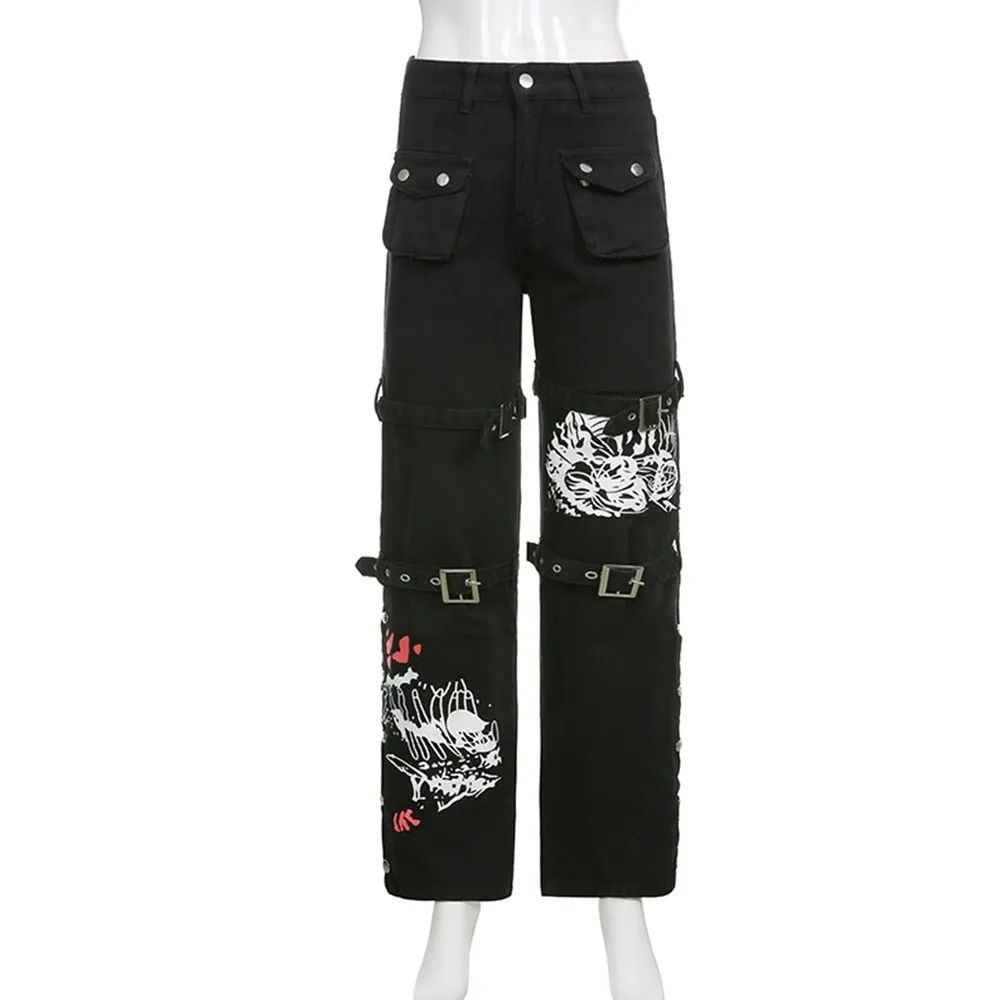 Черные джинсы в стиле ретро готика Рок Панк бандажный с заклепками Baggy Jeans Harajuku с принтом, джинсы с высокой талией, брюки
Черные джинсы в стиле ретро готика Рок Панк бандажный с заклепками Baggy Jeans Harajuku с принтом, джинсы с высокой талией, брюки