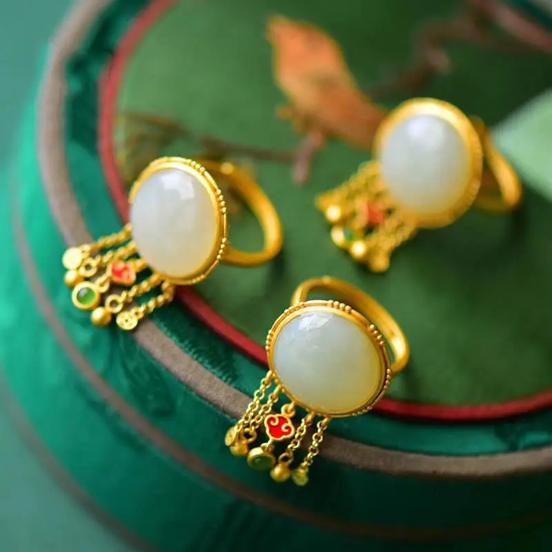 Natural Hetian Jade Ring Special-Interest Design Retro Ethnic Style Tassel round Egg Noodles Open Ring Female Graceful Temperame
Natural Hetian Jade Ring Special-Interest Design Retro Ethnic Style Tassel round Egg Noodles Open Ring Female Graceful Temperame