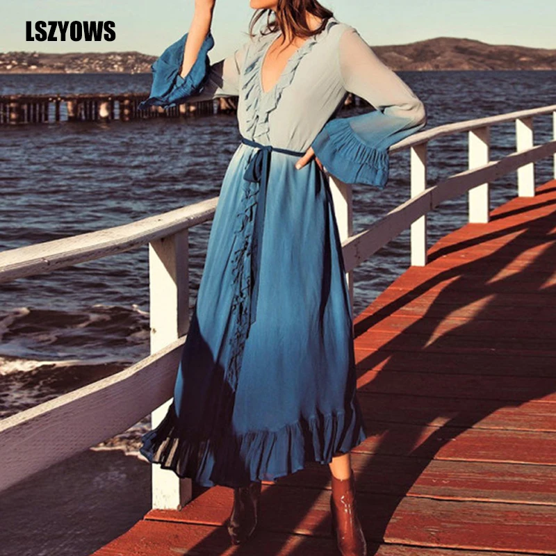Summer Vintage Chiffon Beach Dresses Women Long Sleeve V-Neck Gradient Color Ruffles Maxi Dress Elegant Female Long Party Dress
Summer Vintage Chiffon Beach Dresses Women Long Sleeve V-Neck Gradient Color Ruffles Maxi Dress Elegant Female Long Party Dress