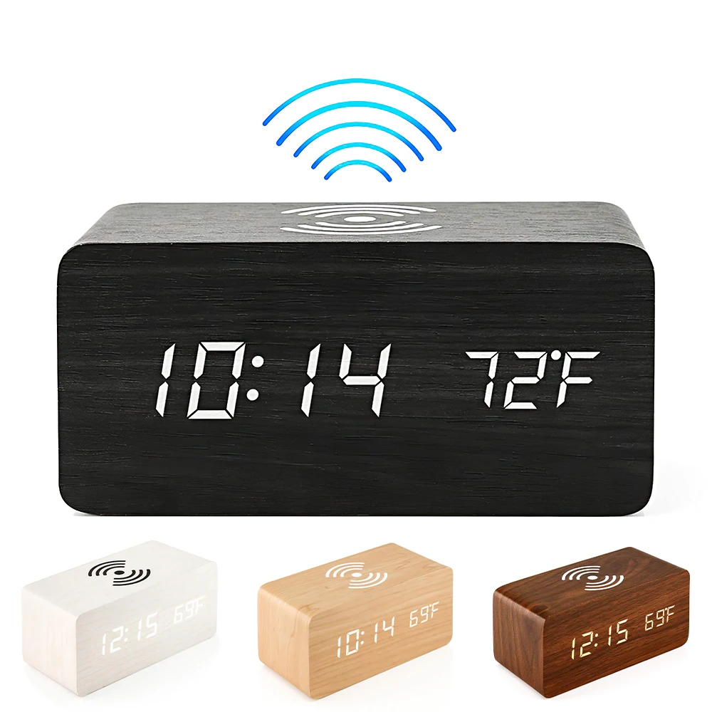 Деревянные цифровые часы со светодиодной подсветкой, Беспроводная зарядка, бесшумная регулировка яркости, три набора будильника, Цифровая ... 
Деревянные цифровые часы со светодиодной подсветкой, Беспроводная зарядка, бесшумная регулировка яркости, три набора будильника, Цифровая ...