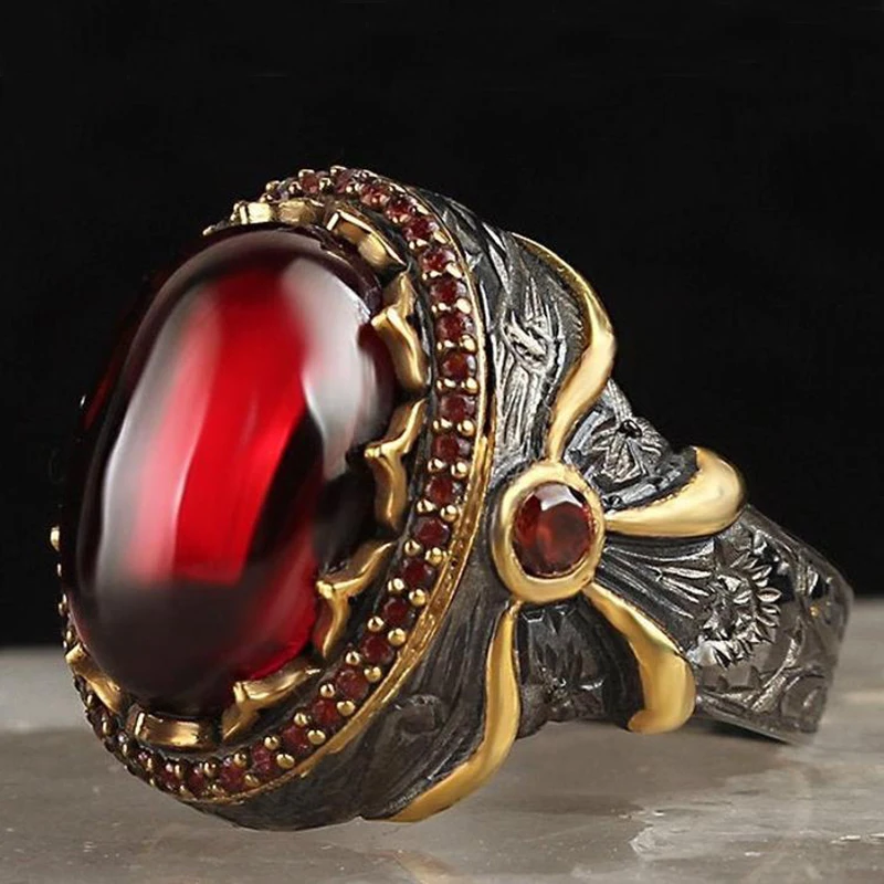 Винтаж Two Tone Тотем кольцо с большой овальной вставкой из Красного камня