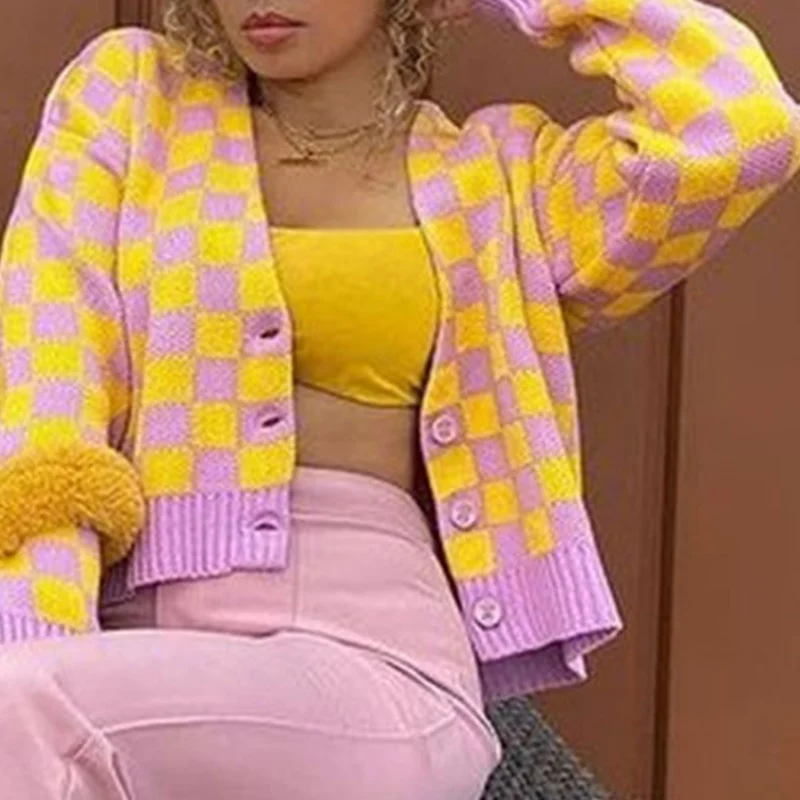 Knitted V-neck Argyle Cardigan Long Sleeve Sweet Single Breasted Short Sweaters Female Autumn Winter Women's Sweater Cardigans
Knitted V-neck Argyle Cardigan Long Sleeve Sweet Single Breasted Short Sweaters Female Autumn Winter Women's Sweater Cardigans