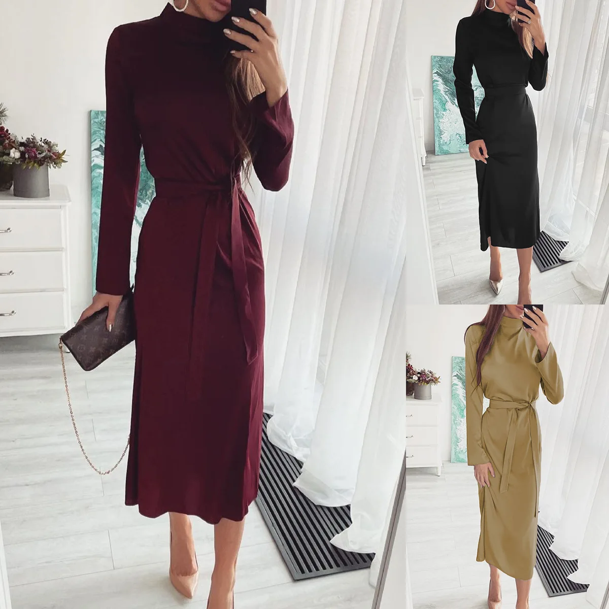 Autumn Fashion Women Long Sleeve High Neck Solid Color Long Dress with Belt Ladies Elegant Casual Dresses
Autumn Fashion Women Long Sleeve High Neck Solid Color Long Dress with Belt Ladies Elegant Casual Dresses