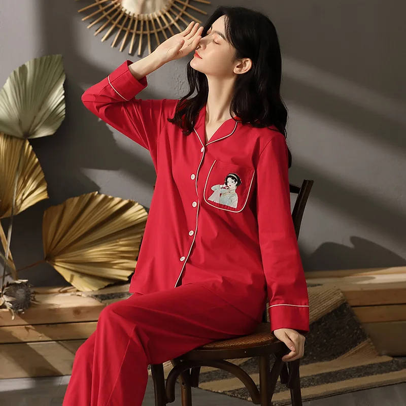 Spring Autumn Cotton Korean Pajamas Women Long-Sleeved Trousers Suit Pyjamas Thin Cardigan Doll Collar Comfortable Homewear
Spring Autumn Cotton Korean Pajamas Women Long-Sleeved Trousers Suit Pyjamas Thin Cardigan Doll Collar Comfortable Homewear
