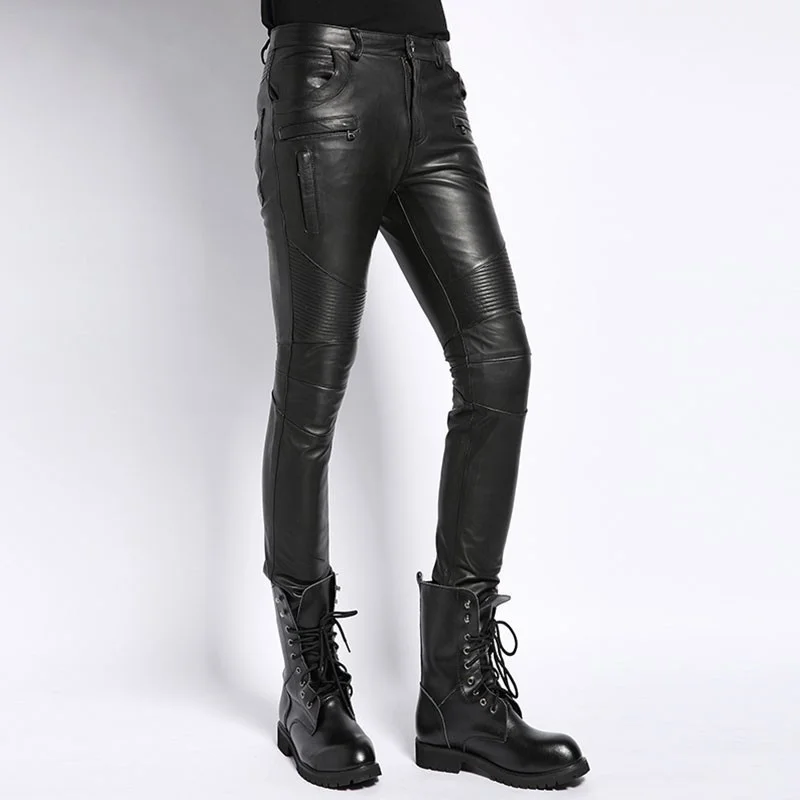 Men's leather-clad leather trousers, winter-style punk slim motorcycle fit, casual long pants in legitimate leather with a cut,
Men's leather-clad leather trousers, winter-style punk slim motorcycle fit, casual long pants in legitimate leather with a cut,