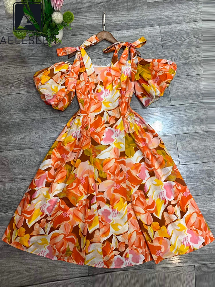 

AELESEEN Runway Fashion Women 100% Cotton Dress 2022 Spring Summer Puff Sleeve Flower Print Elegant Bow Slash Neck Vacation