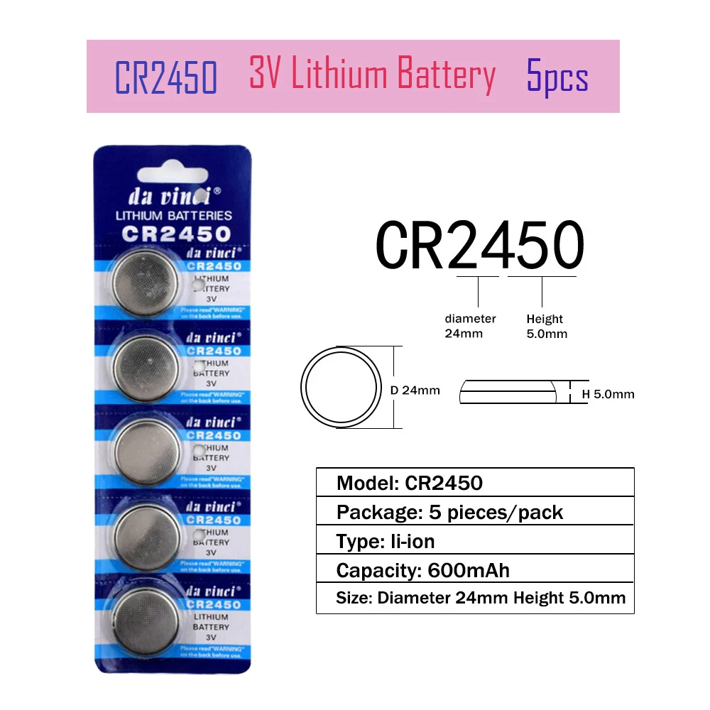CR2450 5Pcs 600mAh Lithium 3V Button Batteries 5029LC KCR2450 LM2450 CR 2450 Cell Coin Battery For Watch Electronic Toy Remote
CR2450 5Pcs 600mAh Lithium 3V Button Batteries 5029LC KCR2450 LM2450 CR 2450 Cell Coin Battery For Watch Electronic Toy Remote