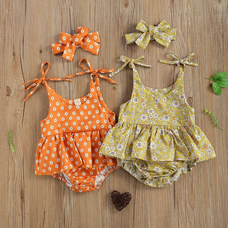 

0-24M Cute Newborn Baby Girl Sleeveless Strap Floral Skirted Romper Jumpsuit Headband 2PCS Outfits Summer Clothes