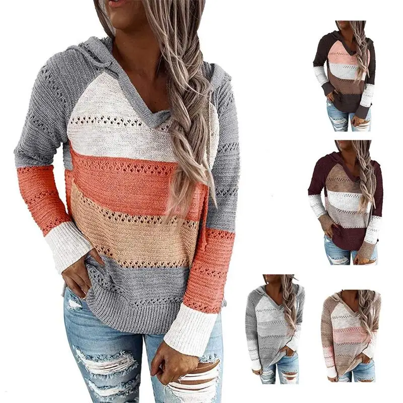 2021 New Female Striped Pullover Autumn Women Patchwork Hooded Sweater Long Sleeve V-neck Knitted Sweater Plus Size S-3XL
2021 New Female Striped Pullover Autumn Women Patchwork Hooded Sweater Long Sleeve V-neck Knitted Sweater Plus Size S-3XL