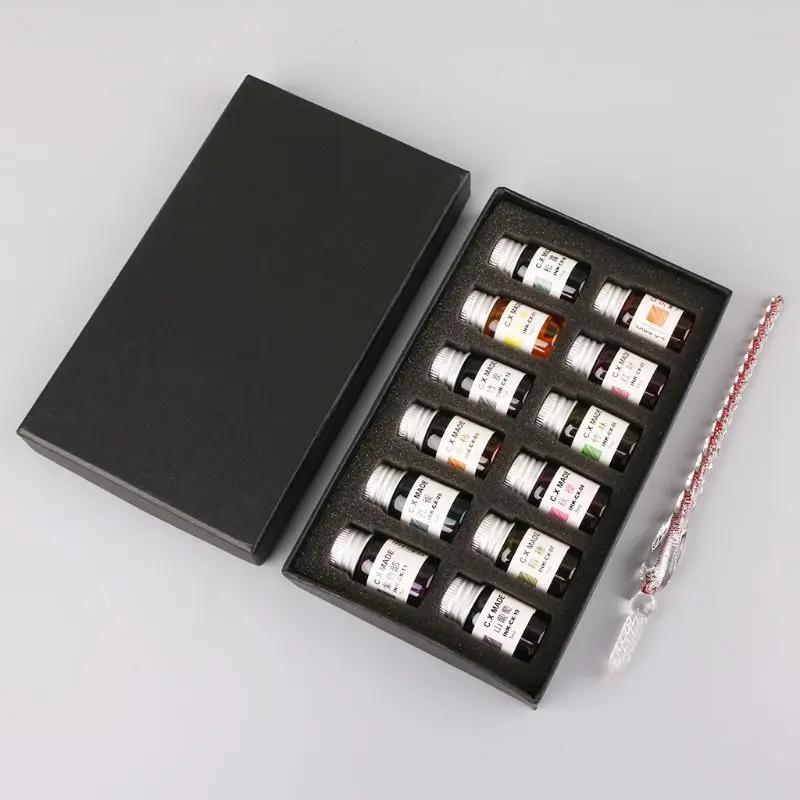 2021 New 12pcs Gold Powder Colored Bottled Glass Dip Pen Ink Set Fountain Writing Signature Box Gift 7ML
2021 New 12pcs Gold Powder Colored Bottled Glass Dip Pen Ink Set Fountain Writing Signature Box Gift 7ML
