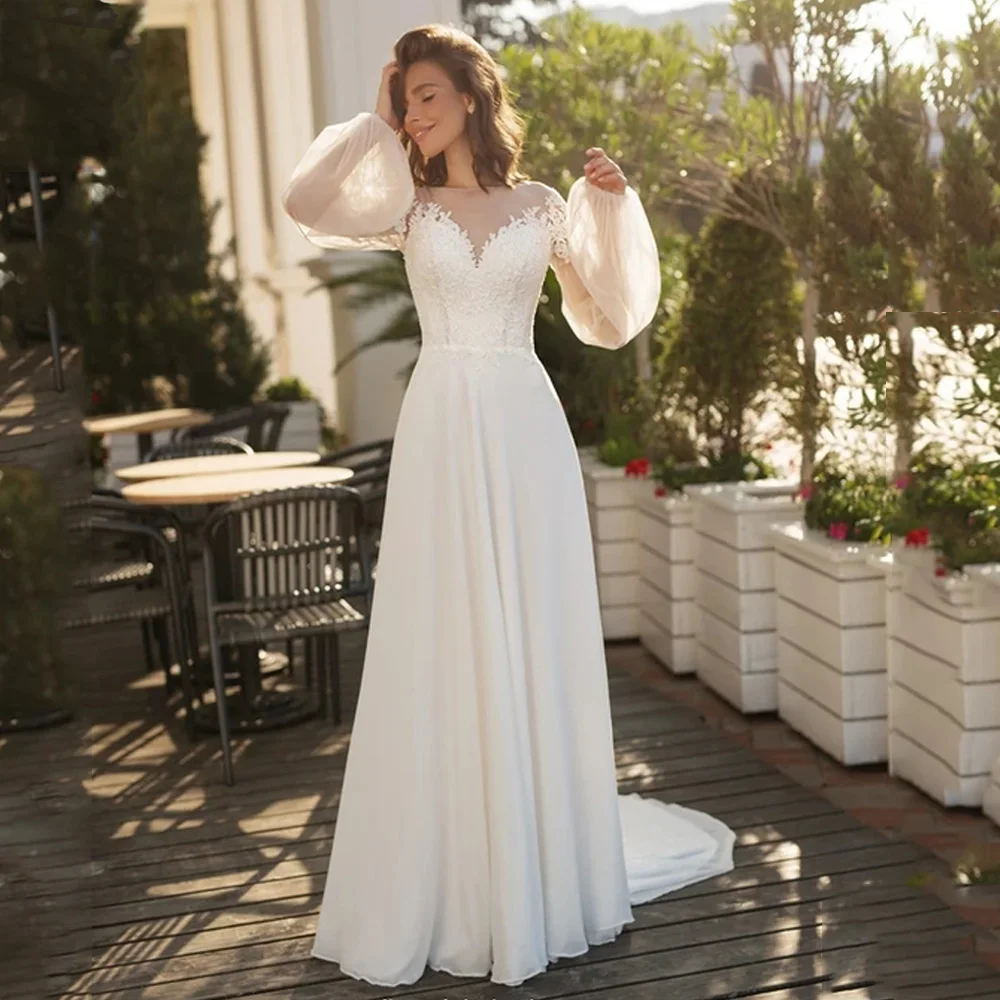 Simple Puff Sleeves Wedding Dress A-Line Scoop Neck For Elegant Women Lace Appliques Sweep Train Chiffon Robe De Mariée Slim Fit
Simple Puff Sleeves Wedding Dress A-Line Scoop Neck For Elegant Women Lace Appliques Sweep Train Chiffon Robe De Mariée Slim Fit