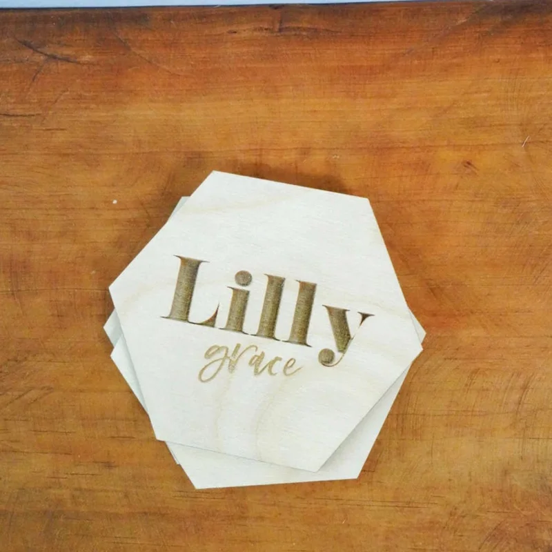 Wooden Laser Cut and Engraved Baby Name Plaques Hexagon Wood Monthly Signs for Baby 
Wooden Laser Cut and Engraved Baby Name Plaques Hexagon Wood Monthly Signs for Baby