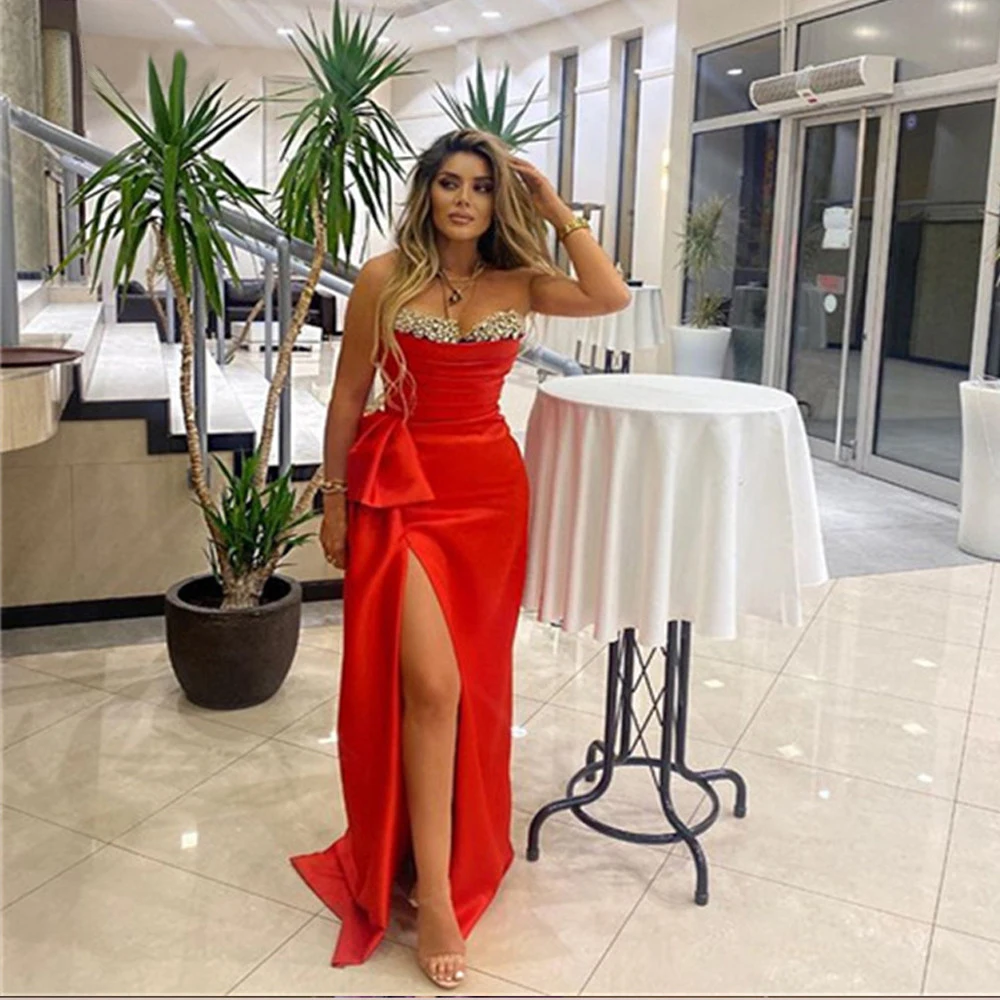 

BridalAffair Red Long Mermaid Side Slit Prom Dresses Sleeveless Sliver Bling Sequined Formal Gowns Satin Party Evening Dress