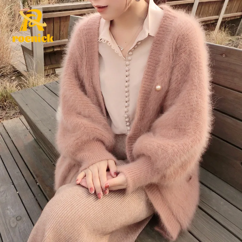 

ROENICK Women Oversized Mink Cashmere Cardigans Sweaters Autumn Winter Knitted Coat Loose Batwing Sleeve Mohair Thicked Tops