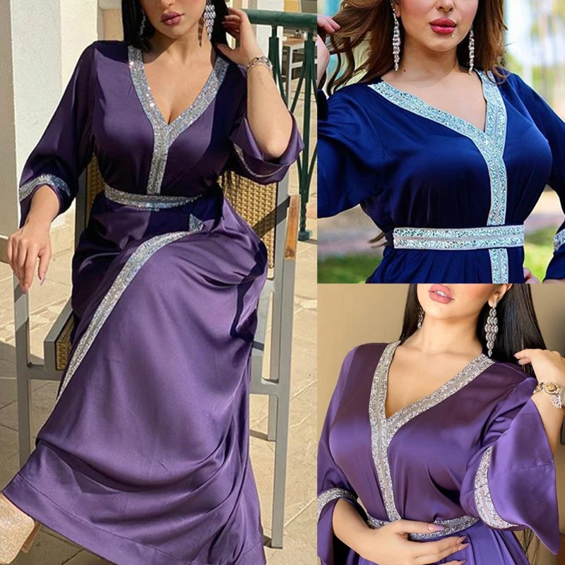 Women Muslim Satin Maxi Dress Rhinestone Belted Turkey Arabic V-Neck Kaftan Robe
Women Muslim Satin Maxi Dress Rhinestone Belted Turkey Arabic V-Neck Kaftan Robe