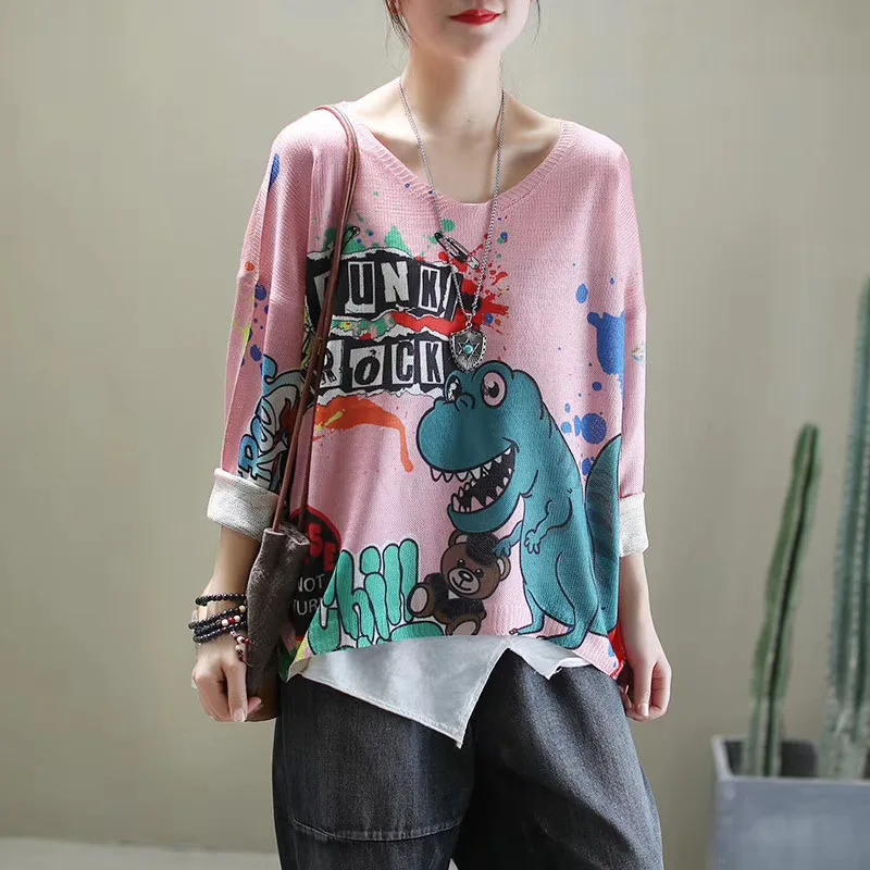 Women Cute Cartoon Print Pullover Knitted Shirt Femme Long Sleeve Vintage Tops Streetwear Sweaters Blouse Blusas Ropa De Mujer 
Women Cute Cartoon Print Pullover Knitted Shirt Femme Long Sleeve Vintage Tops Streetwear Sweaters Blouse Blusas Ropa De Mujer