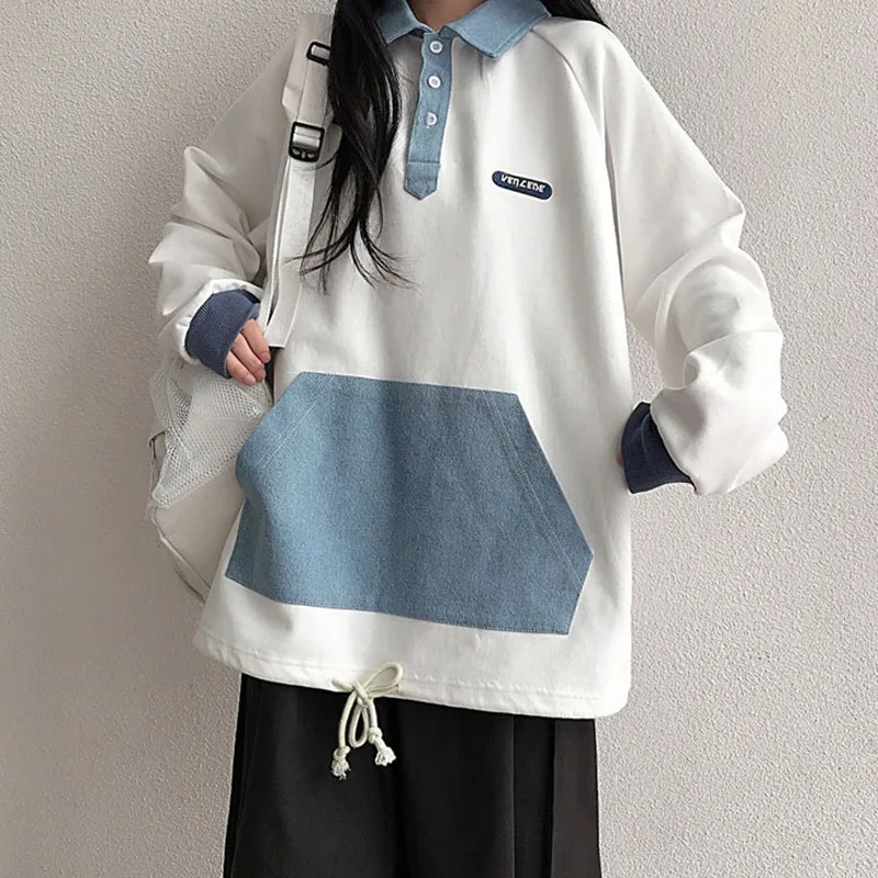 Japanese Polo Collar Pullover Female College Style Denim Blue Stitching White Sweatshirt Autumn New All-Match Loose Casual Top
Japanese Polo Collar Pullover Female College Style Denim Blue Stitching White Sweatshirt Autumn New All-Match Loose Casual Top