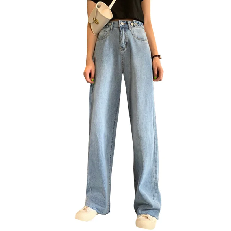 

Spring Autumn 2022 High-waist Straight-leg Jeans Female Hong Kong Flavor Korean Thin Loose Wide-leg Pants Mopping Long Pants