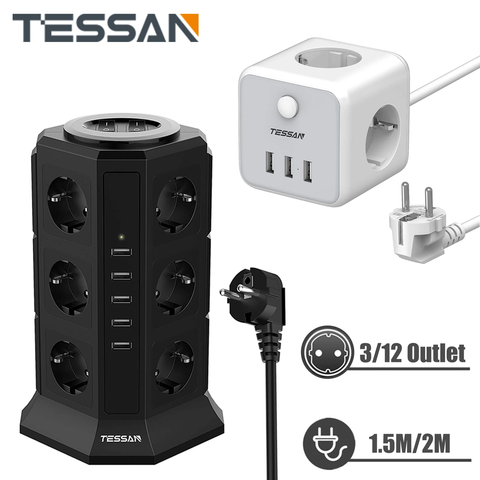 TESSAN Vertical Strip Sockets with 12 Power Sockets and 5 USB Sockets, 2M Extension Cable with Switch, Multiple Plug Power Strip
TESSAN Vertical Strip Sockets with 12 Power Sockets and 5 USB Sockets, 2M Extension Cable with Switch, Multiple Plug Power Strip