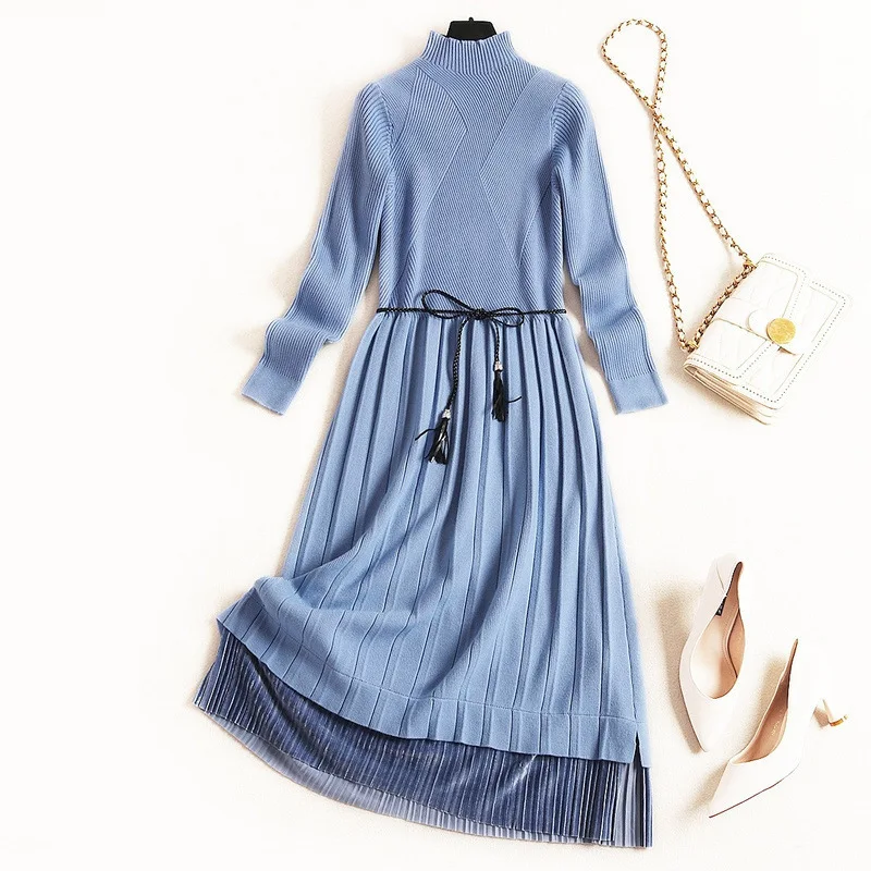 European Style 2020 Winter Fashion Plus Size Striped Turtleneck Stitching Velvet Long Sleeves Lacing Sashes Knitted Dress Women
European Style 2020 Winter Fashion Plus Size Striped Turtleneck Stitching Velvet Long Sleeves Lacing Sashes Knitted Dress Women