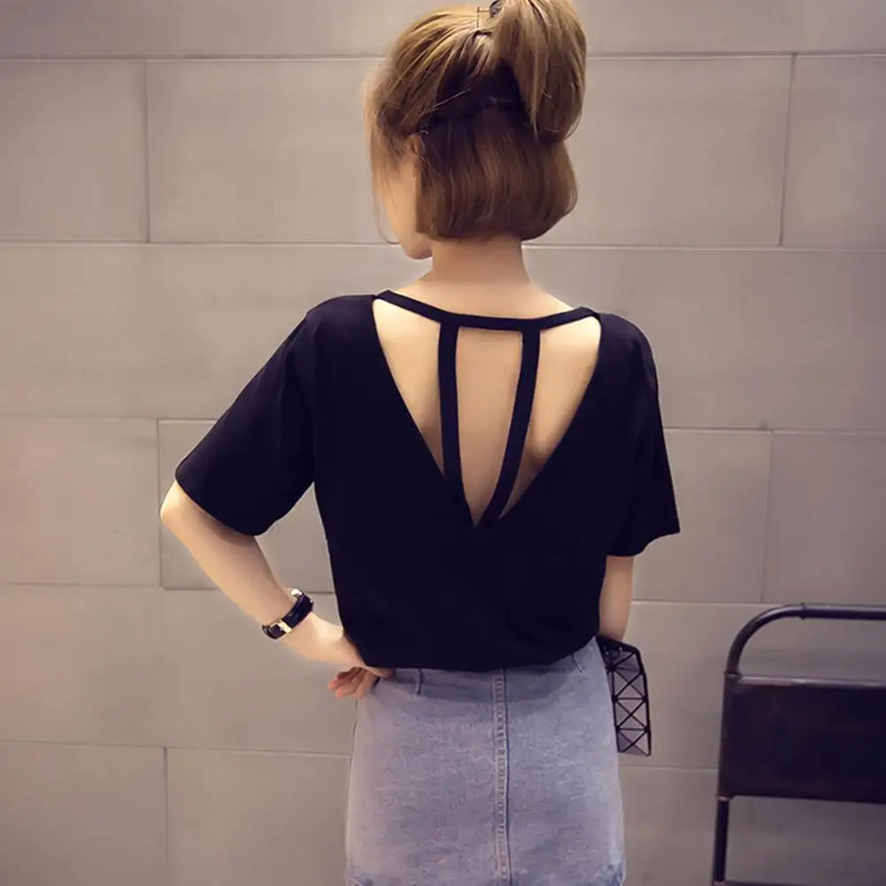 Women Summer New Sexy O Neck black Backless T Shirts Fashion Short Sleeve T Shirt Tops Solid Color Split Back Clothes
Women Summer New Sexy O Neck black Backless T Shirts Fashion Short Sleeve T Shirt Tops Solid Color Split Back Clothes