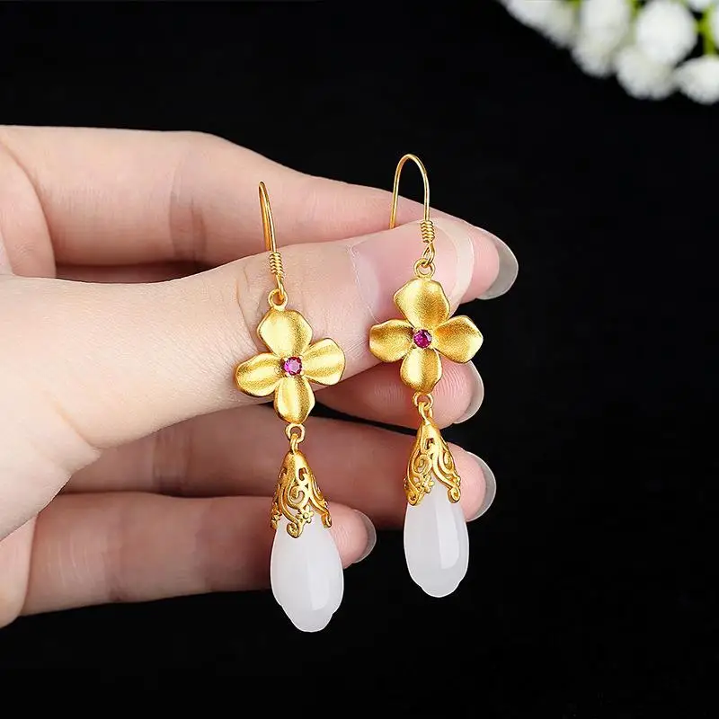 S925 Sterling Silver Gold Inlaid with Jade Hetian White Jade Earrings Earrings Ear Hook Earrings Orchid Jade Female Chinese Styl
S925 Sterling Silver Gold Inlaid with Jade Hetian White Jade Earrings Earrings Ear Hook Earrings Orchid Jade Female Chinese Styl