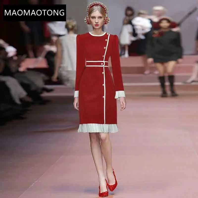 Fashion Designer Autumn Red Dress Women's Round neck Long sleeve Button Ruffle Slim Knee-Length Dress
Fashion Designer Autumn Red Dress Women's Round neck Long sleeve Button Ruffle Slim Knee-Length Dress