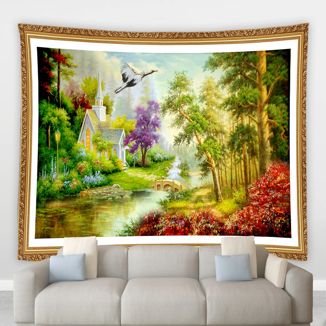 

Landscape Big Tapestry Forest Waterfall River Boat Chalet Ocean Picture Frame Scenery Living Room Bedroom Wall Cloth Home Decor