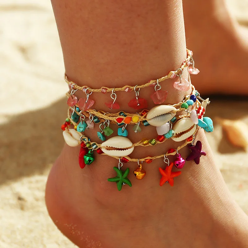 

S2176 Fashion Jewelry Handmade Woven Beach Starfish Shell Anklet Raffia Grass Colorful Gravel Foot Anklets