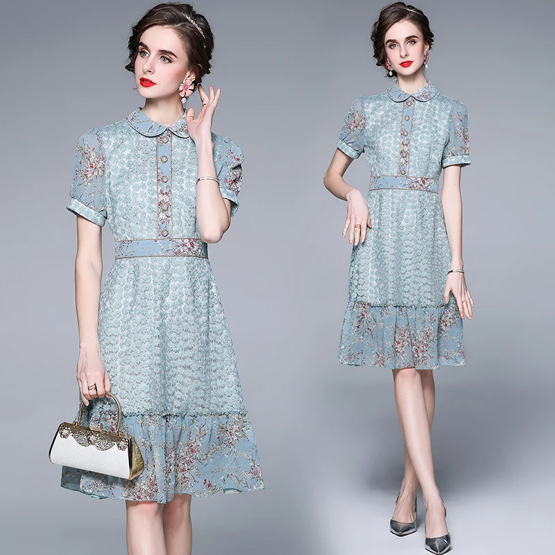 Summer Embroidery Mermaid Dress Women Short Sleeve Lace High Waist Peter Pan Collar Dresses Female Patchwork Blue Printted Dress
Summer Embroidery Mermaid Dress Women Short Sleeve Lace High Waist Peter Pan Collar Dresses Female Patchwork Blue Printted Dress