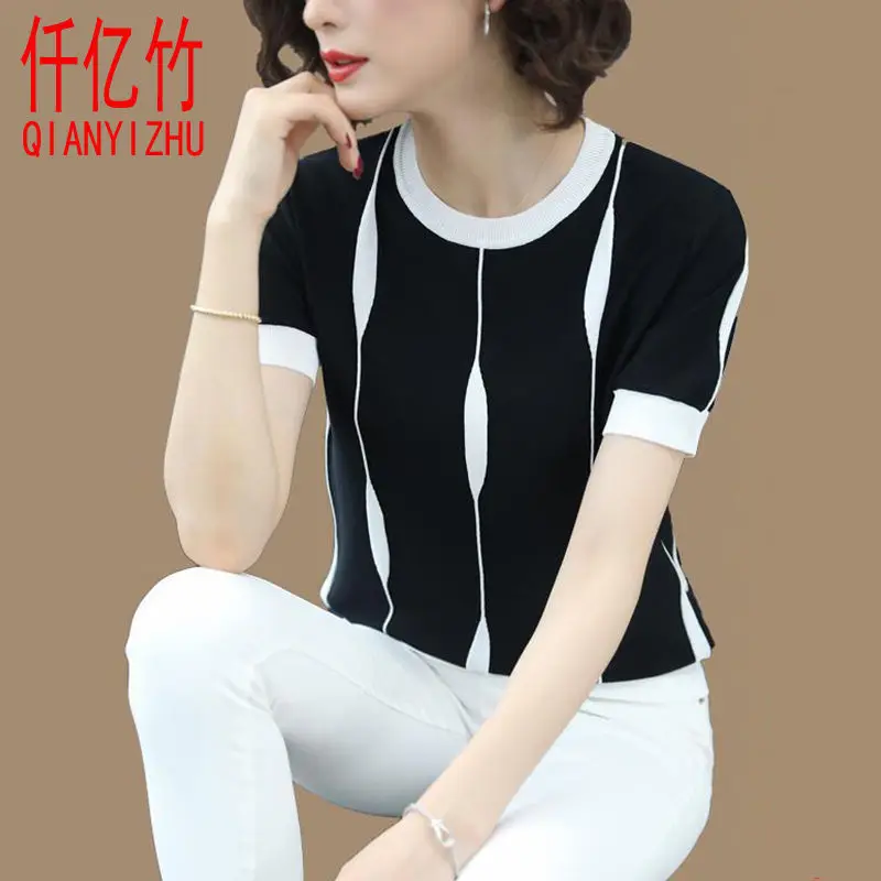 2021 summer ice silk T-shirt women's short sleeve T-shirt stripe with thin base Shirt Short loose top
2021 summer ice silk T-shirt women's short sleeve T-shirt stripe with thin base Shirt Short loose top