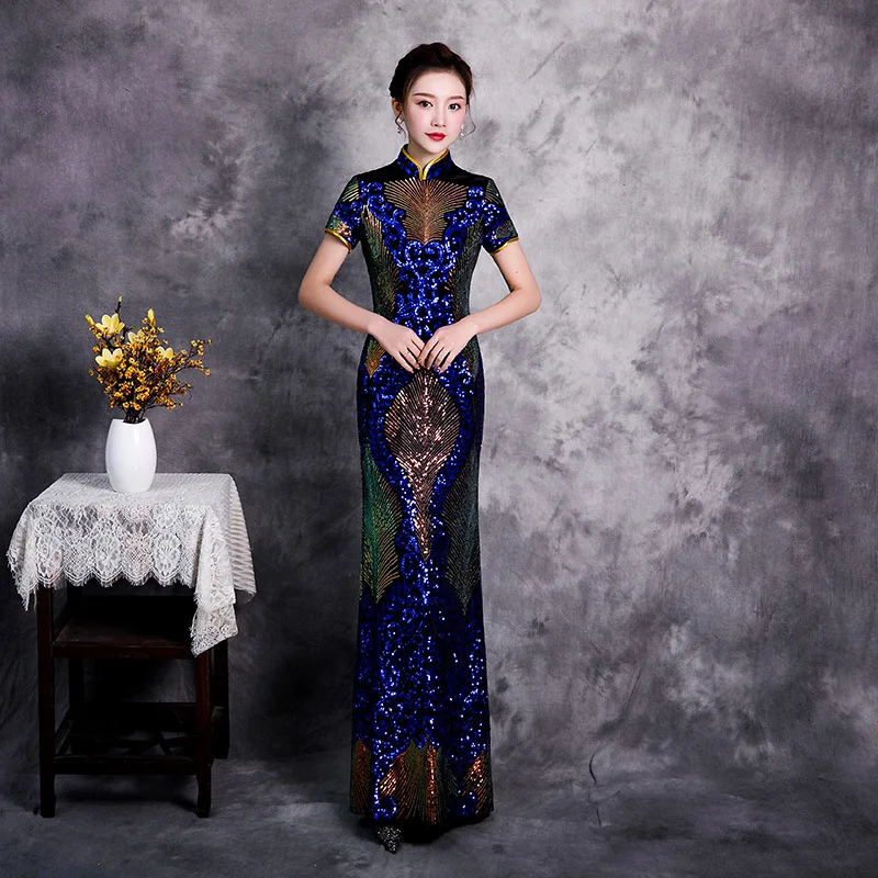 Bling Sequins Appliques Women Retro Cheongsam Slim Stand Collar Banquet Velour Skirt Short Sleeve Mermaid Dresses Qipao
Bling Sequins Appliques Women Retro Cheongsam Slim Stand Collar Banquet Velour Skirt Short Sleeve Mermaid Dresses Qipao