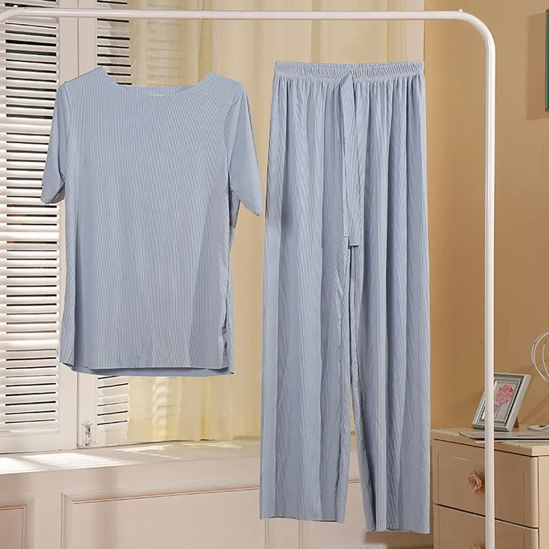 Summer Short Sleeve Pajamas Suit Simple Wide Leg Homewear Long Trousers Women's Home Service Spring Lougewear Cozy Sleepwear
Summer Short Sleeve Pajamas Suit Simple Wide Leg Homewear Long Trousers Women's Home Service Spring Lougewear Cozy Sleepwear