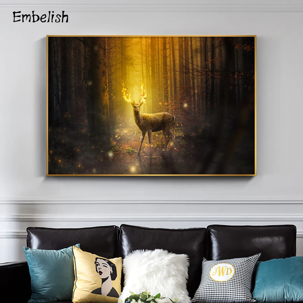 1 шт. Gloden Deer In The Forest Animal пейзаж Настенная картина для гостиной HD Печать на холсте