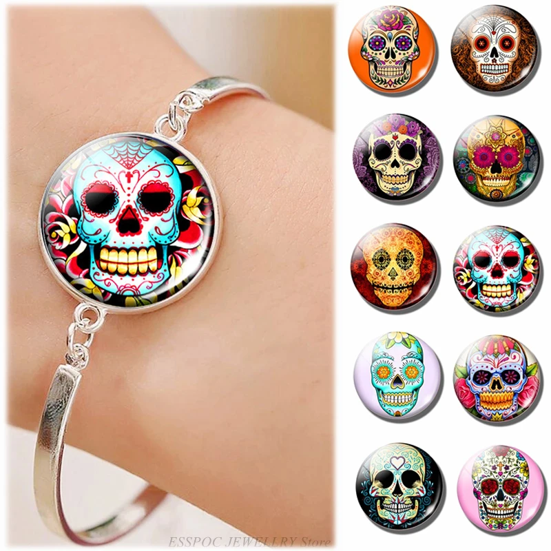 New Arrival Sugar Skull Silver Color Bangle Fashion Colorful Skull Glass Cabochon Jewelry Bracelet Charm Women Bar Cuff Bangles
New Arrival Sugar Skull Silver Color Bangle Fashion Colorful Skull Glass Cabochon Jewelry Bracelet Charm Women Bar Cuff Bangles