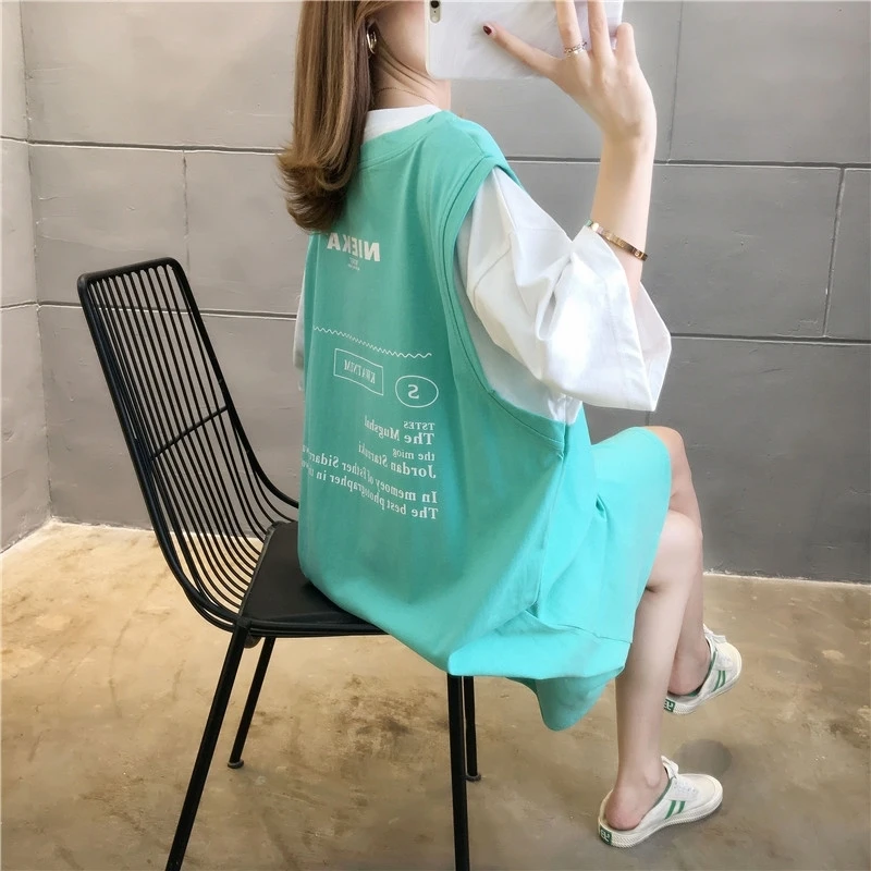 Cotton Summer New Style Korean Style False Two-Piece Mid-length Short Sleeved T-shirt Plus-sized Womenswear mm Plus-sized
Cotton Summer New Style Korean Style False Two-Piece Mid-length Short Sleeved T-shirt Plus-sized Womenswear mm Plus-sized