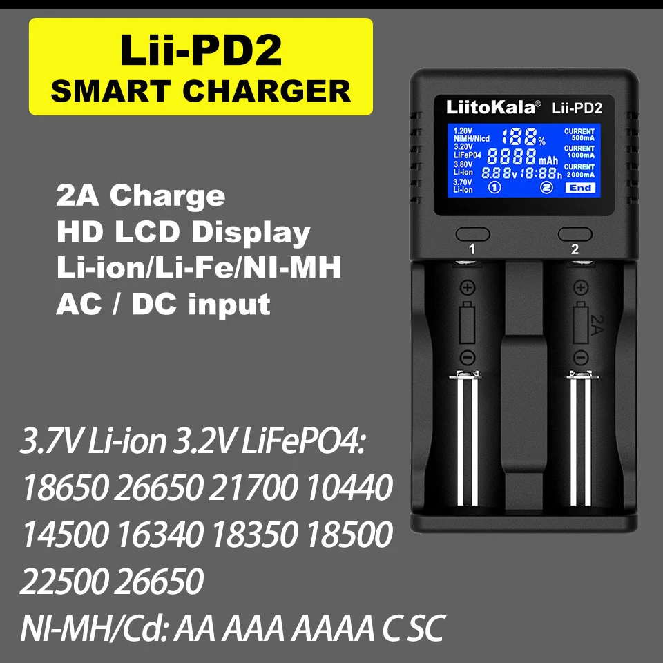 2021 New LiitoKala Lii-PD2 battery Charger for 18650 26650 21700 18350 AA AAA 3.7V/3.2V/1.2V lithium NiMH batteries
2021 New LiitoKala Lii-PD2 battery Charger for 18650 26650 21700 18350 AA AAA 3.7V/3.2V/1.2V lithium NiMH batteries
