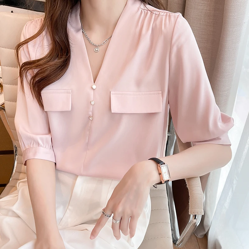 New Short-sleeved Women's Blouse Fashion Casual Shirt Tops Dropshipping Solid Color Comfortable V-neck Korean Houthion
New Short-sleeved Women's Blouse Fashion Casual Shirt Tops Dropshipping Solid Color Comfortable V-neck Korean Houthion
